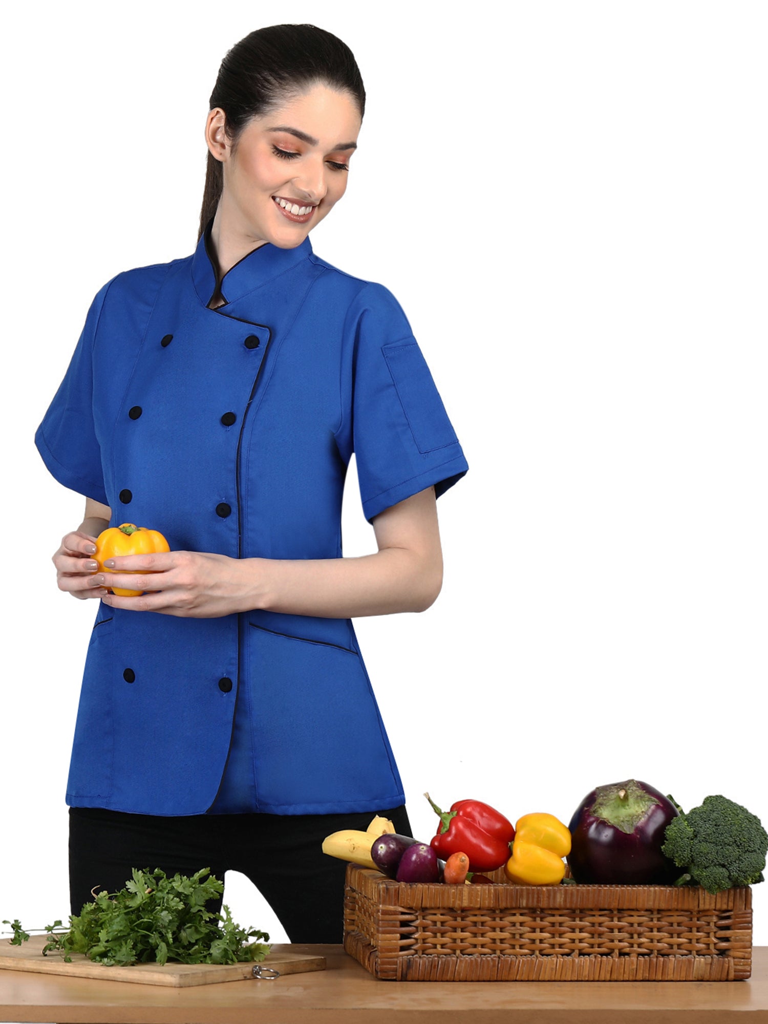 Short Sleeves Tailored Fit Chef Coat Jacket Uniform for Women for Food Service, Caterers, Bakers and Culinary Professional – Royal Blue