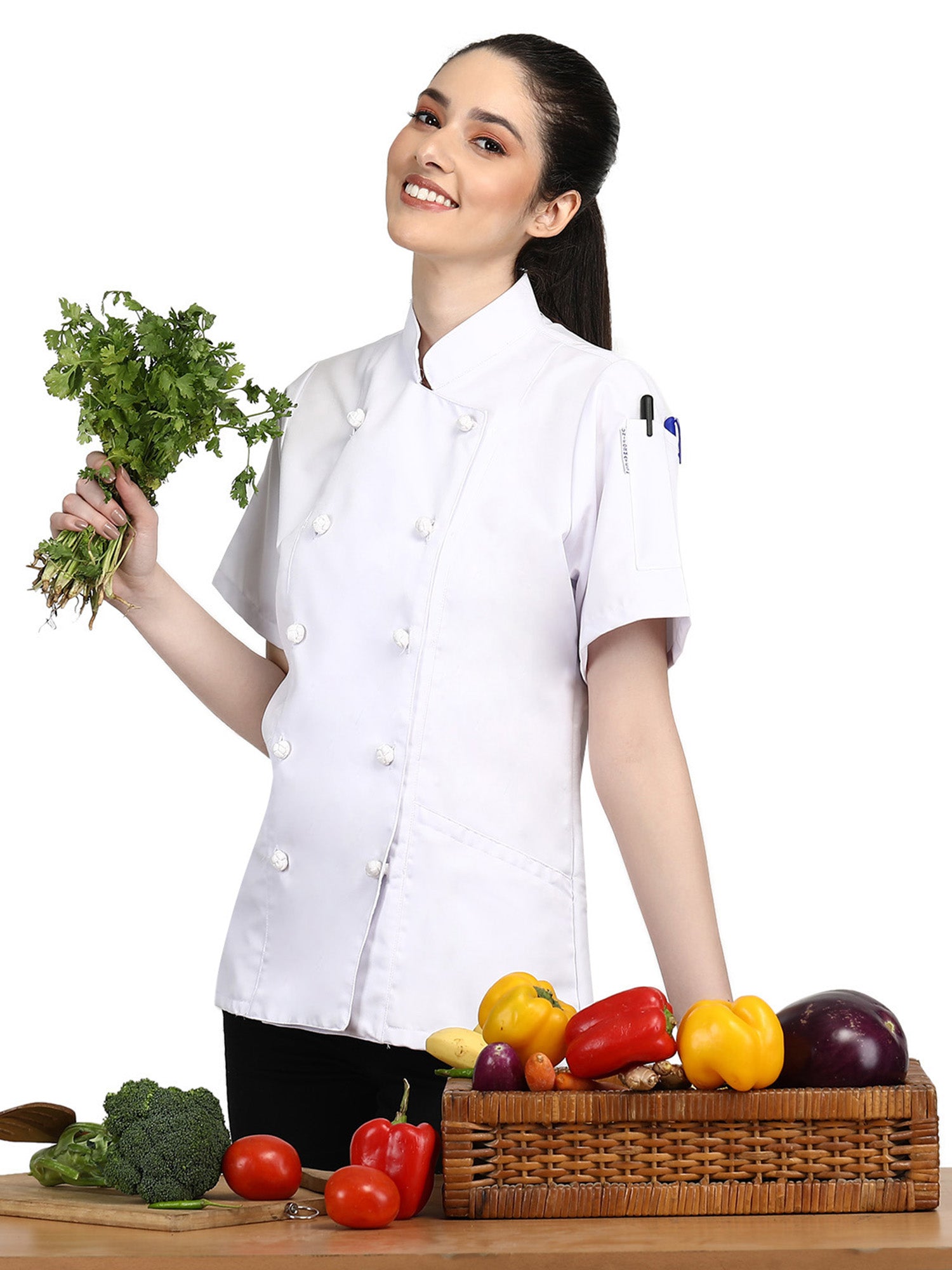 Short Sleeves Knotted Cloth Buttons Women Chef Coat Jacket Uniform ideal for food service, Caterers and Culinary professional – White