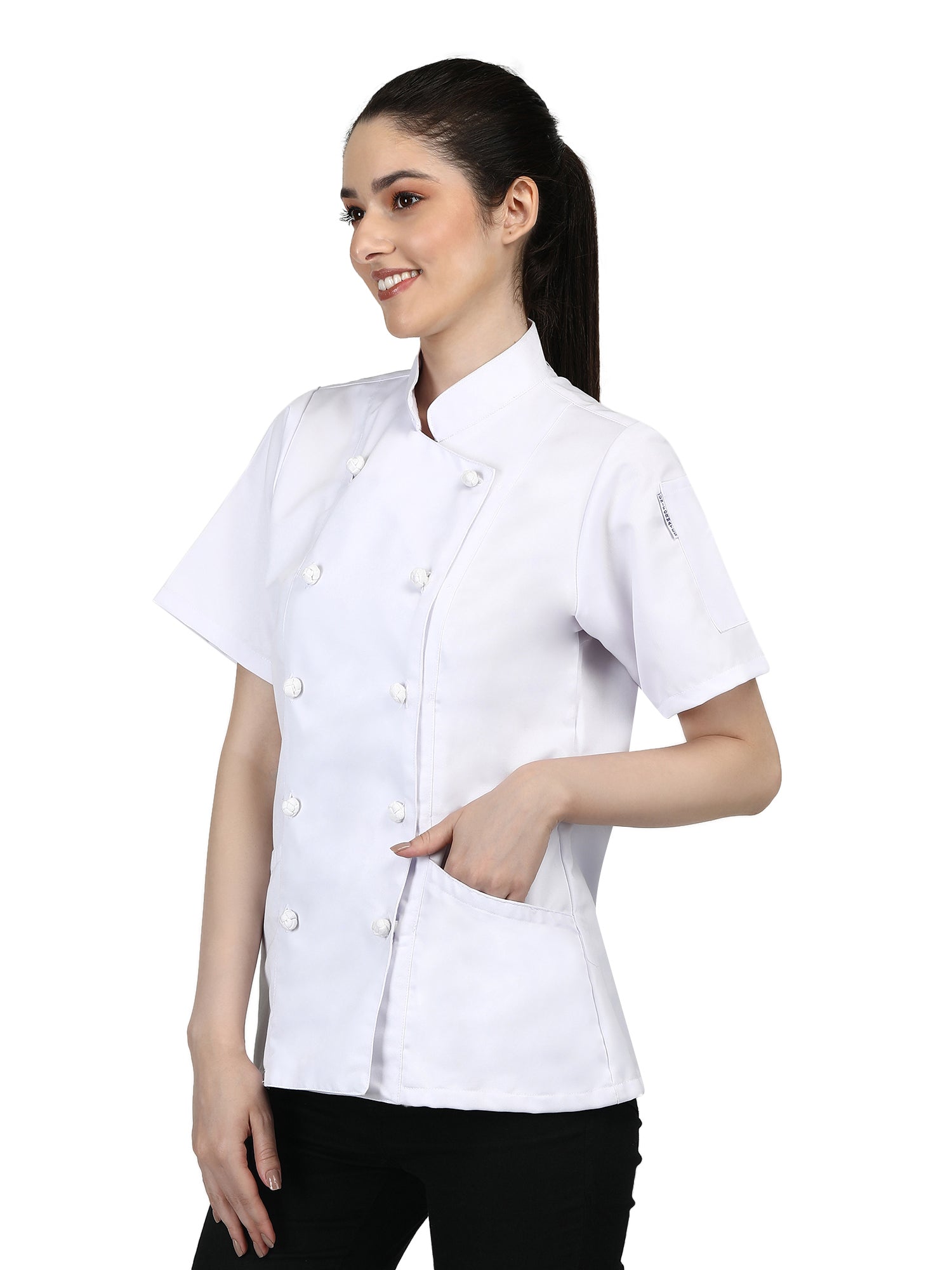 Short Sleeves Knotted Cloth Buttons Women Chef Coat Jacket Uniform ideal for food service, Caterers and Culinary professional – White