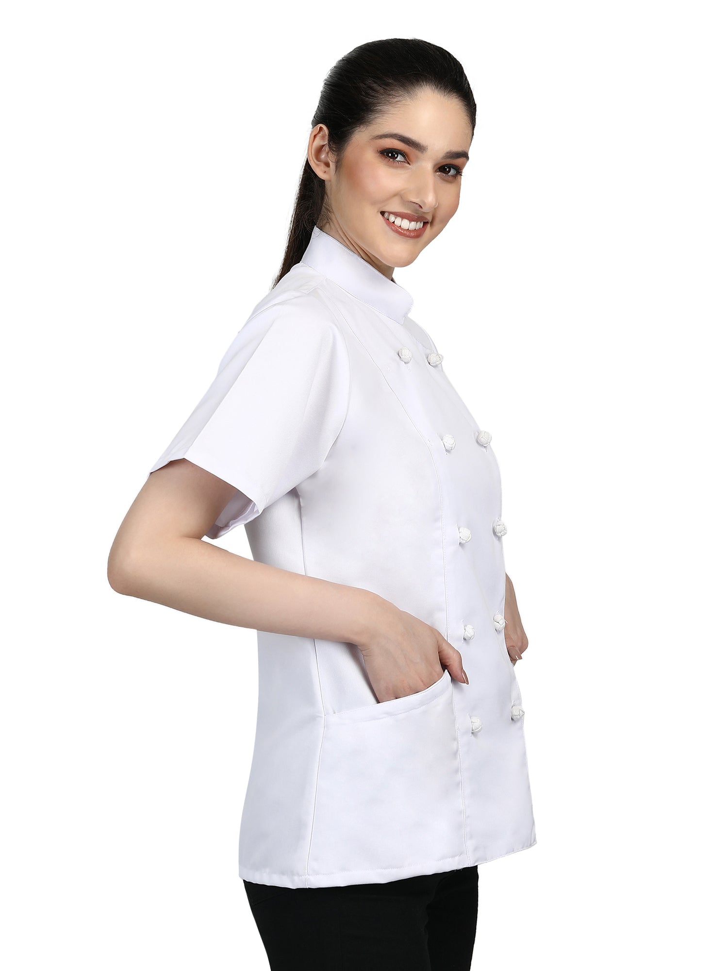 Short Sleeves Knotted Cloth Buttons Women Chef Coat Jacket Uniform ideal for food service, Caterers and Culinary professional – White