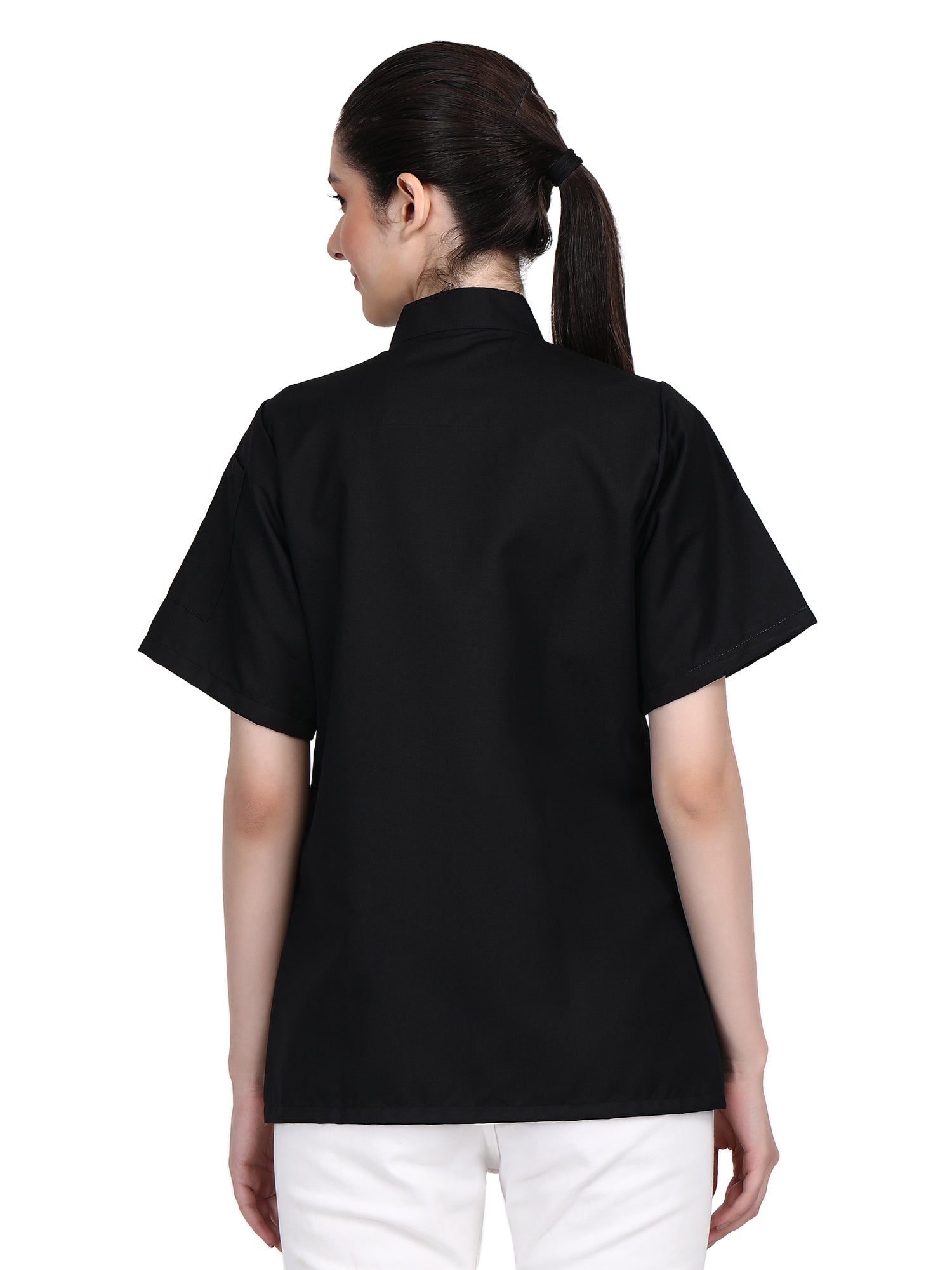 Short Sleeves Knotted Cloth Buttons Women Chef Coat Jacket Uniform ideal for food service, Caterers and Culinary professional – Black