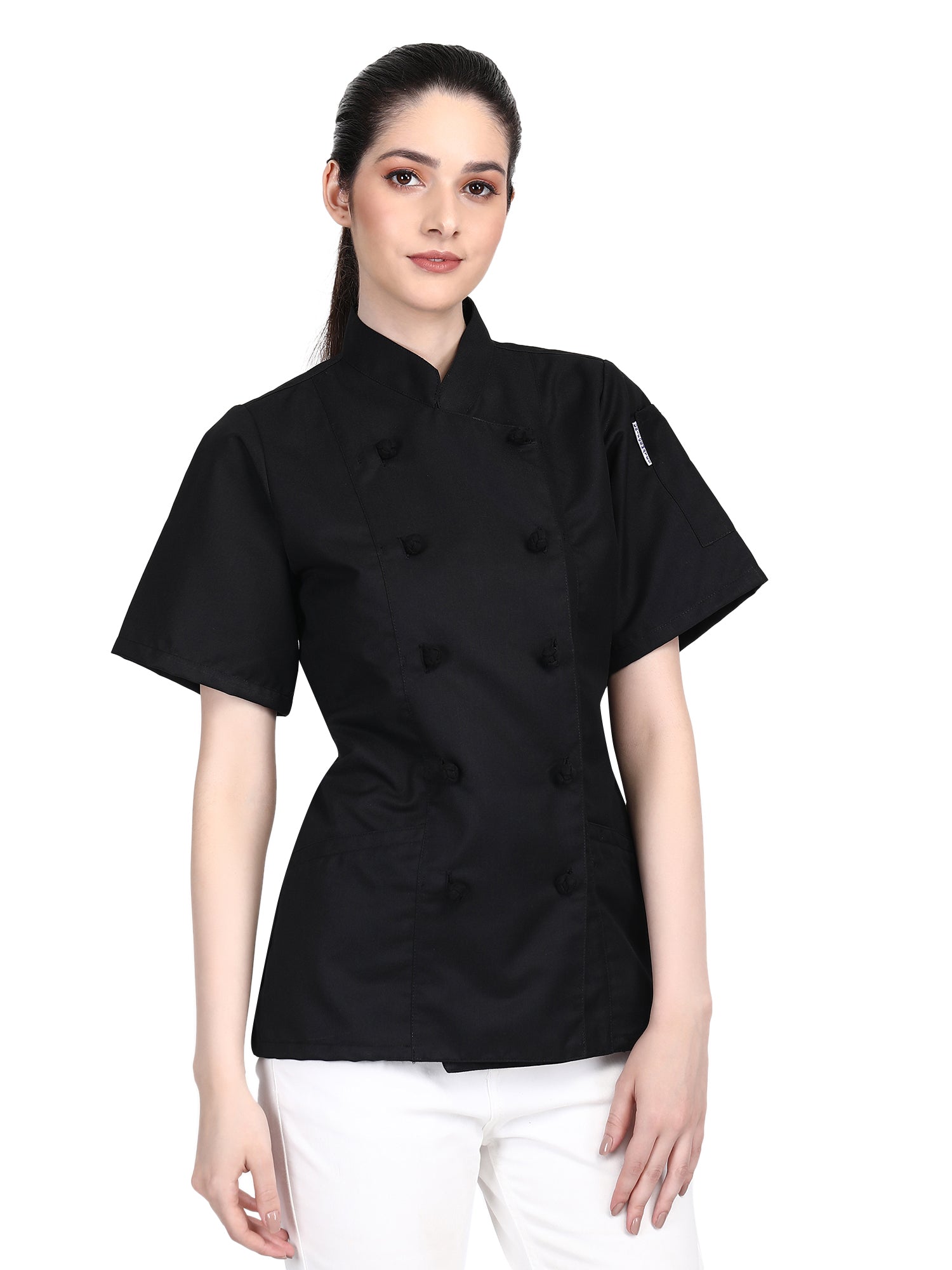 Short Sleeves Knotted Cloth Buttons Women Chef Coat Jacket Uniform ideal for food service, Caterers and Culinary professional – Black