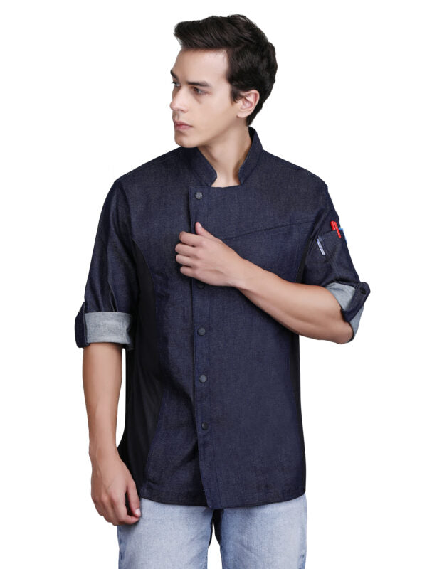 Unisex Asymmetrical Denim Jeans Chef Coat with Side mesh for All kind of Chefs