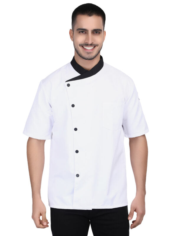 Short Sleeves Contrast Collar Unisex Stylish Chef Cook Coat Jacket